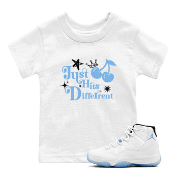 11s Legend Blue shirts to match jordans Just Hits Different best t shirts to wear with jordans AJ11 Retro Legend Blue match shoes to clothes SNRT Sneaker Tees Youth Baby White 1 tee