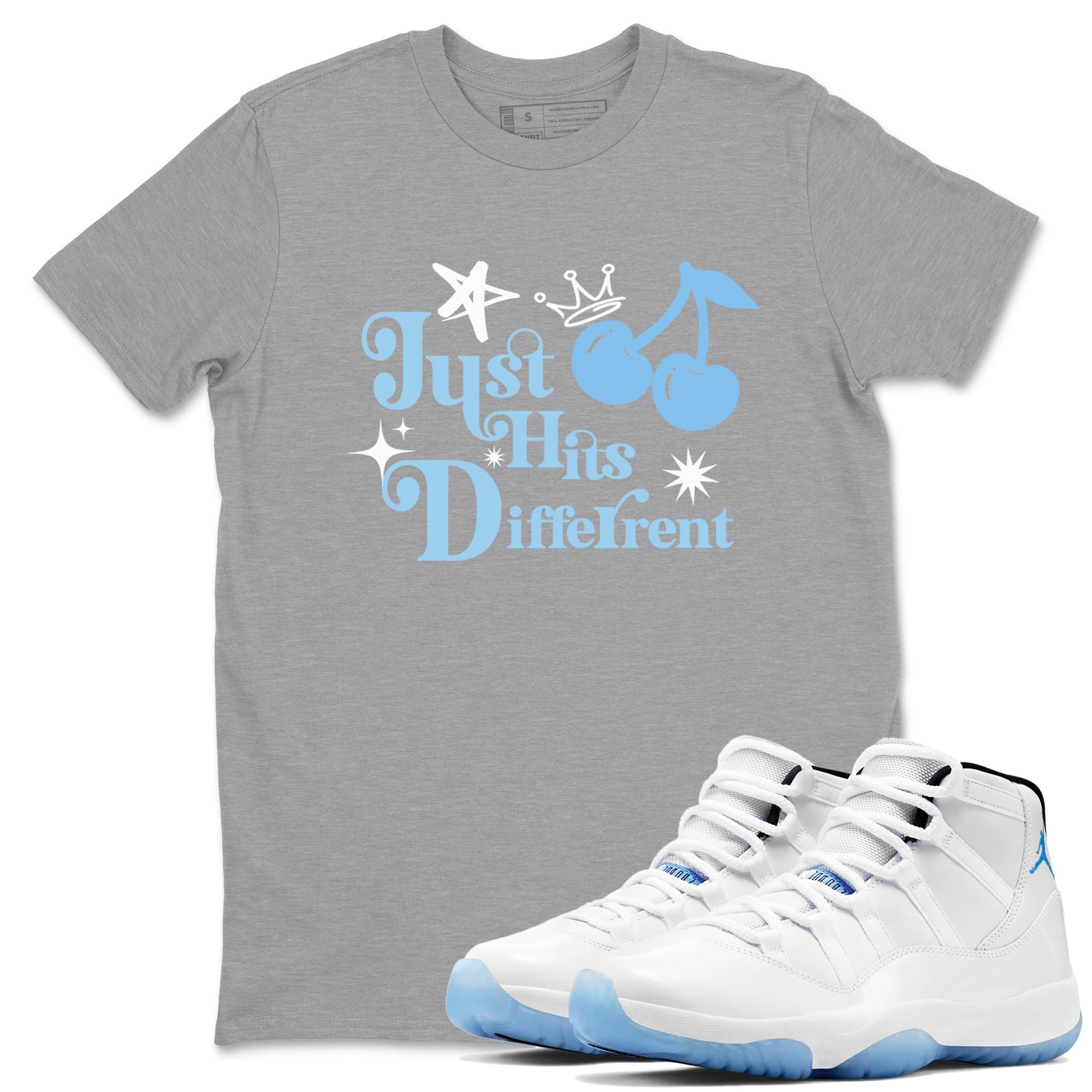 11s Legend Blue shirts to match jordans Just Hits Different best t shirts to wear with jordans AJ11 Retro Legend Blue match shoes to clothes SNRT Sneaker Tees unisex cotton Heather Grey 1 shirts