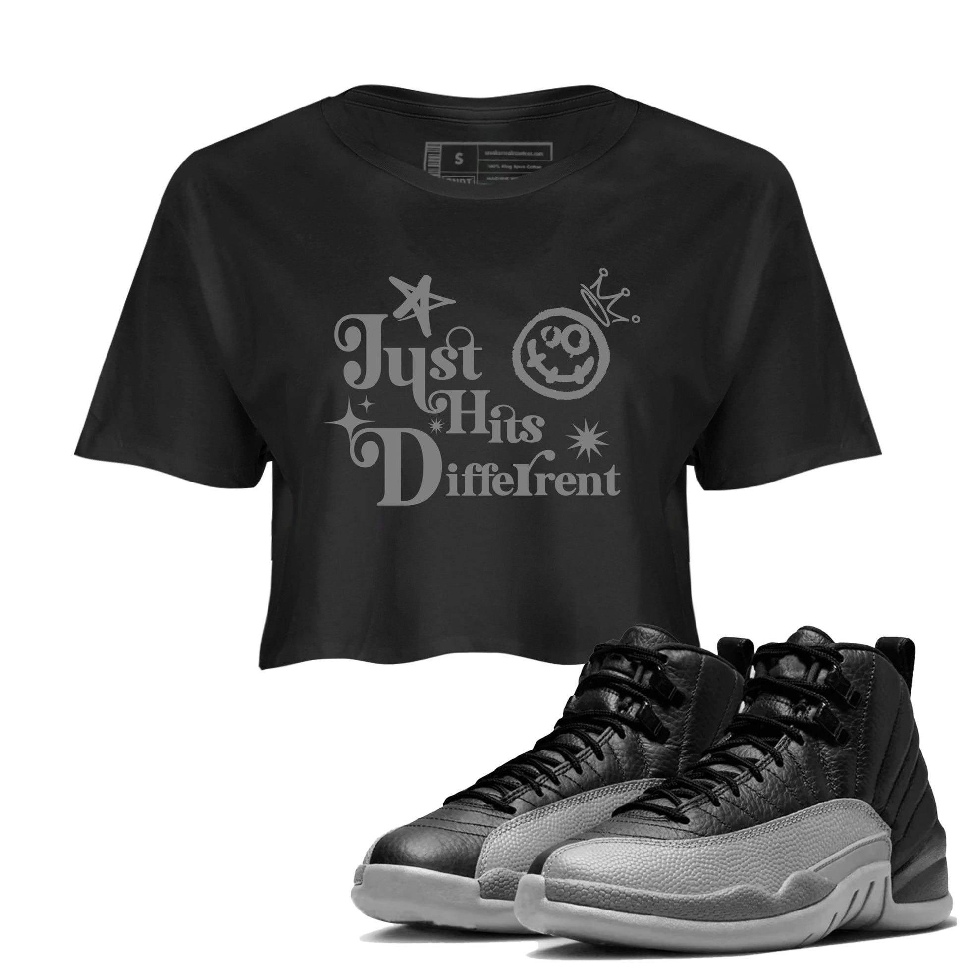 12s Black Wolf Grey shirts to match jordans Just Hits Different sneaker match tees Air Jordan 12 Barons match shoes to clothes SNRT Sneaker Tees unisex cotton Black 1 crop tee