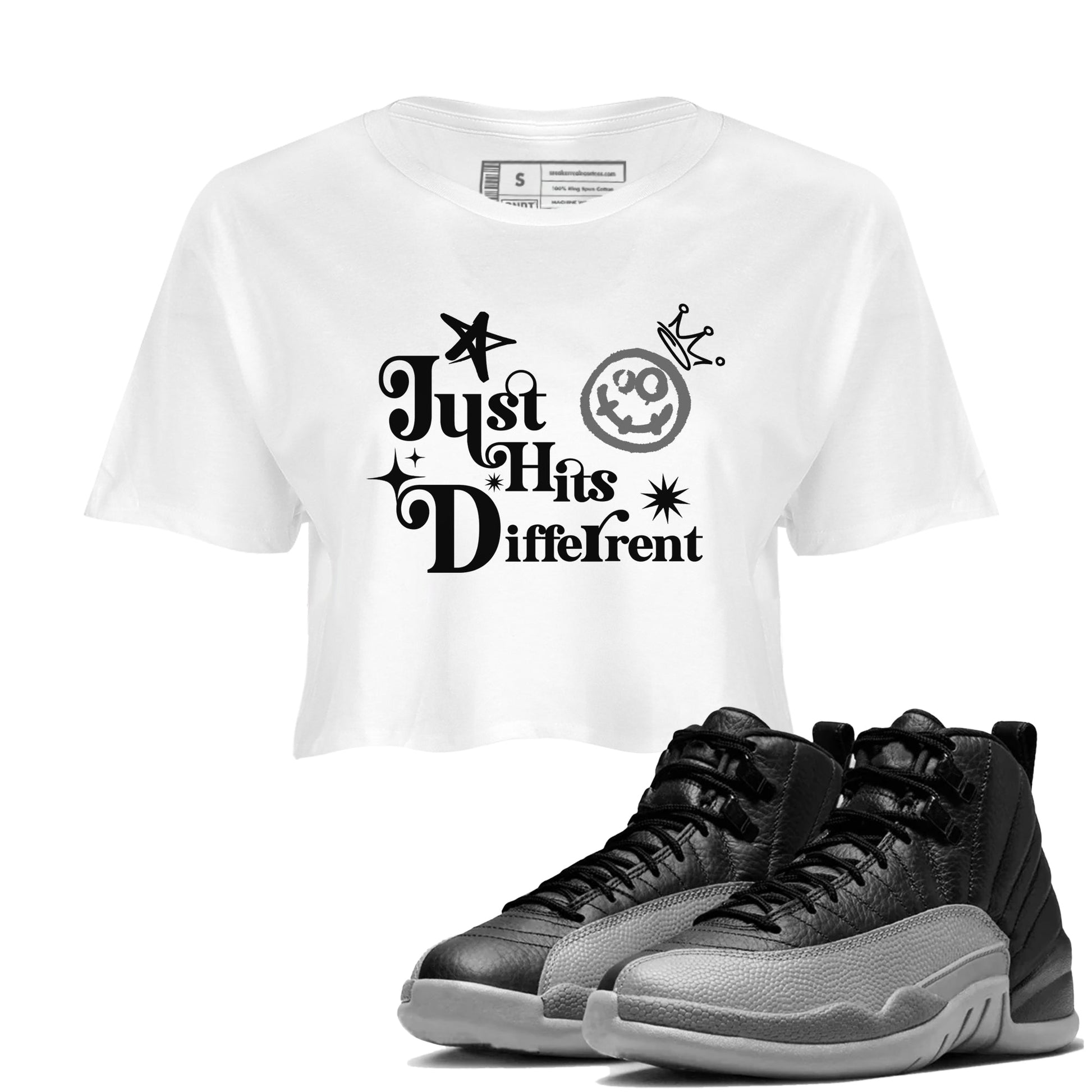 12s Black Wolf Grey shirts to match jordans Just Hits Different sneaker match tees Air Jordan 12 Barons match shoes to clothes SNRT Sneaker Tees unisex cotton White 1 crop tee