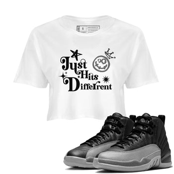 12s Black Wolf Grey shirts to match jordans Just Hits Different sneaker match tees Air Jordan 12 Barons match shoes to clothes SNRT Sneaker Tees unisex cotton White 1 crop tee