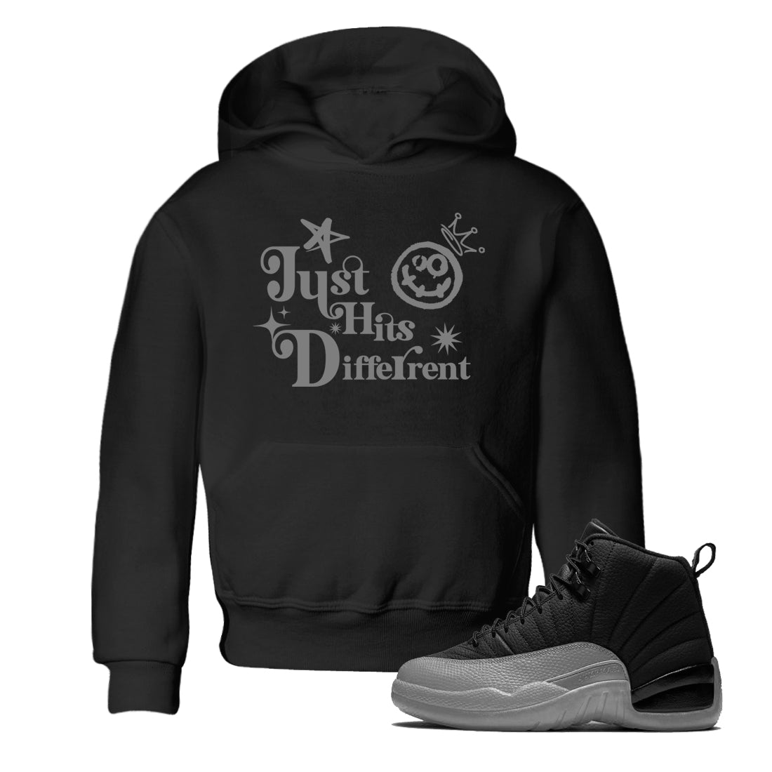 12s Black Wolf Grey shirts to match jordans Just Hits Different sneaker match tees Air Jordan 12 Barons match shoes to clothes SNRT Sneaker Tees Youth Baby Black 1 tee