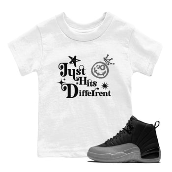 12s Black Wolf Grey shirts to match jordans Just Hits Different sneaker match tees Air Jordan 12 Barons match shoes to clothes SNRT Sneaker Tees Youth Baby White 1 tee