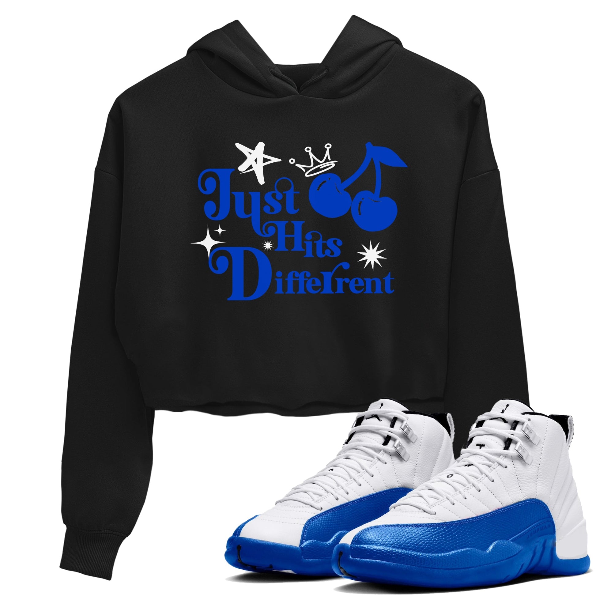 12s Blueberry shirts to match jordans Just Hits Different best t shirts to wear with jordans AJ12 White and Game Royal match shoes to clothes SNRT Sneaker Tees unisex cotton Black 1 crop tee