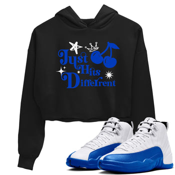 12s Blueberry shirts to match jordans Just Hits Different best t shirts to wear with jordans AJ12 White and Game Royal match shoes to clothes SNRT Sneaker Tees unisex cotton Black 1 crop tee