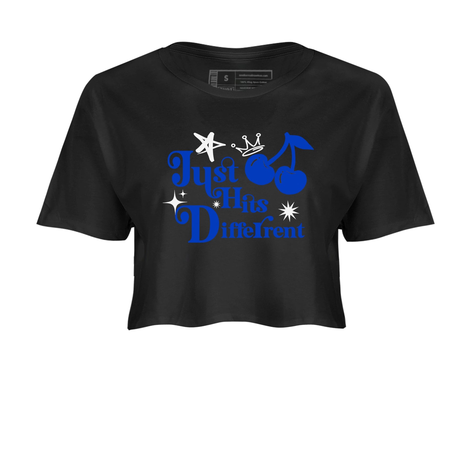 12s Blueberry shirts to match jordans Just Hits Different best t shirts to wear with jordans AJ12 White and Game Royal match shoes to clothes SNRT Sneaker Tees unisex cotton Black 2 crop tee
