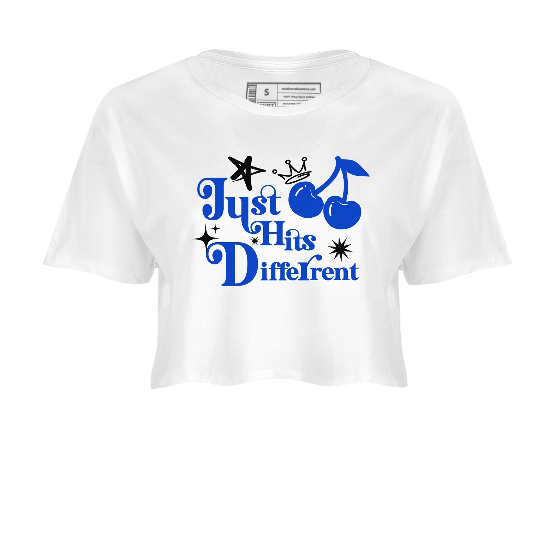 12s Blueberry shirts to match jordans Just Hits Different best t shirts to wear with jordans AJ12 White and Game Royal match shoes to clothes SNRT Sneaker Tees unisex cotton White 2 crop tee