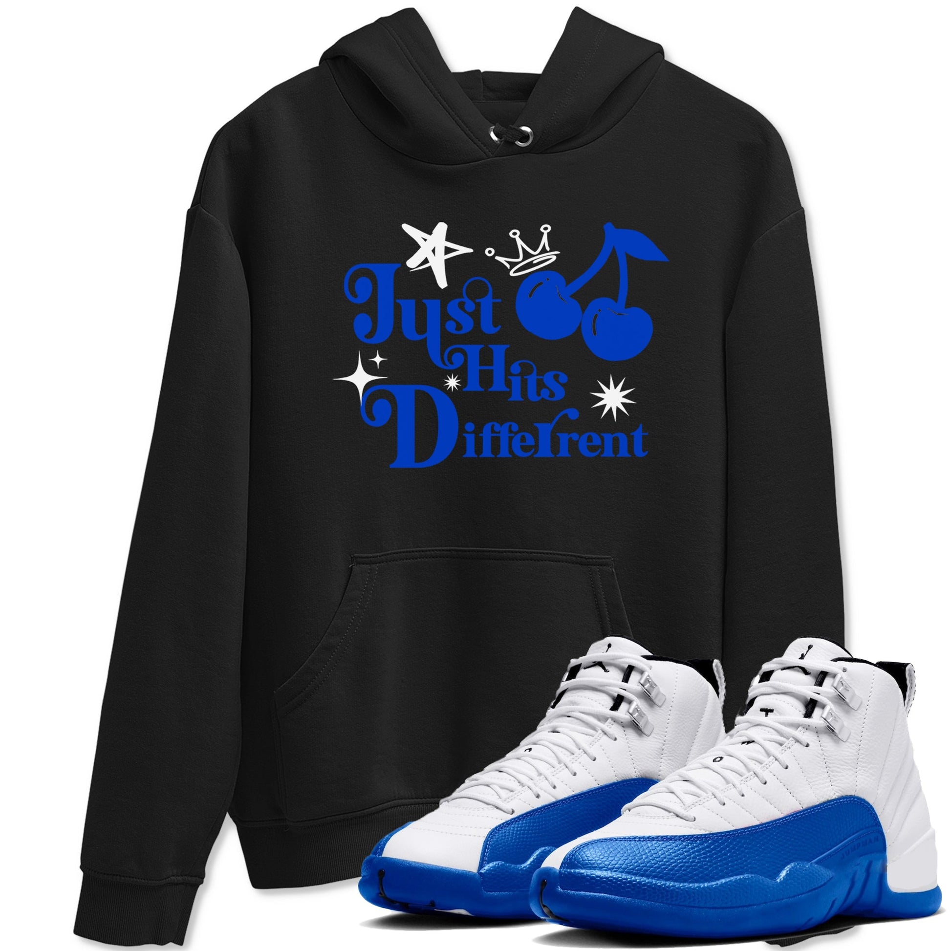 12s Blueberry shirts to match jordans Just Hits Different best t shirts to wear with jordans AJ12 White and Game Royal match shoes to clothes SNRT Sneaker Tees unisex cotton Black 1 shirts