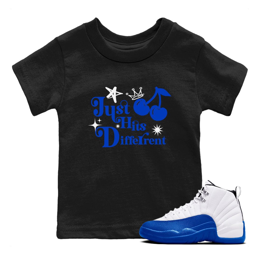 12s Blueberry shirts to match jordans Just Hits Different best t shirts to wear with jordans AJ12 White and Game Royal match shoes to clothes SNRT Sneaker Tees Youth Baby Black 1 tee