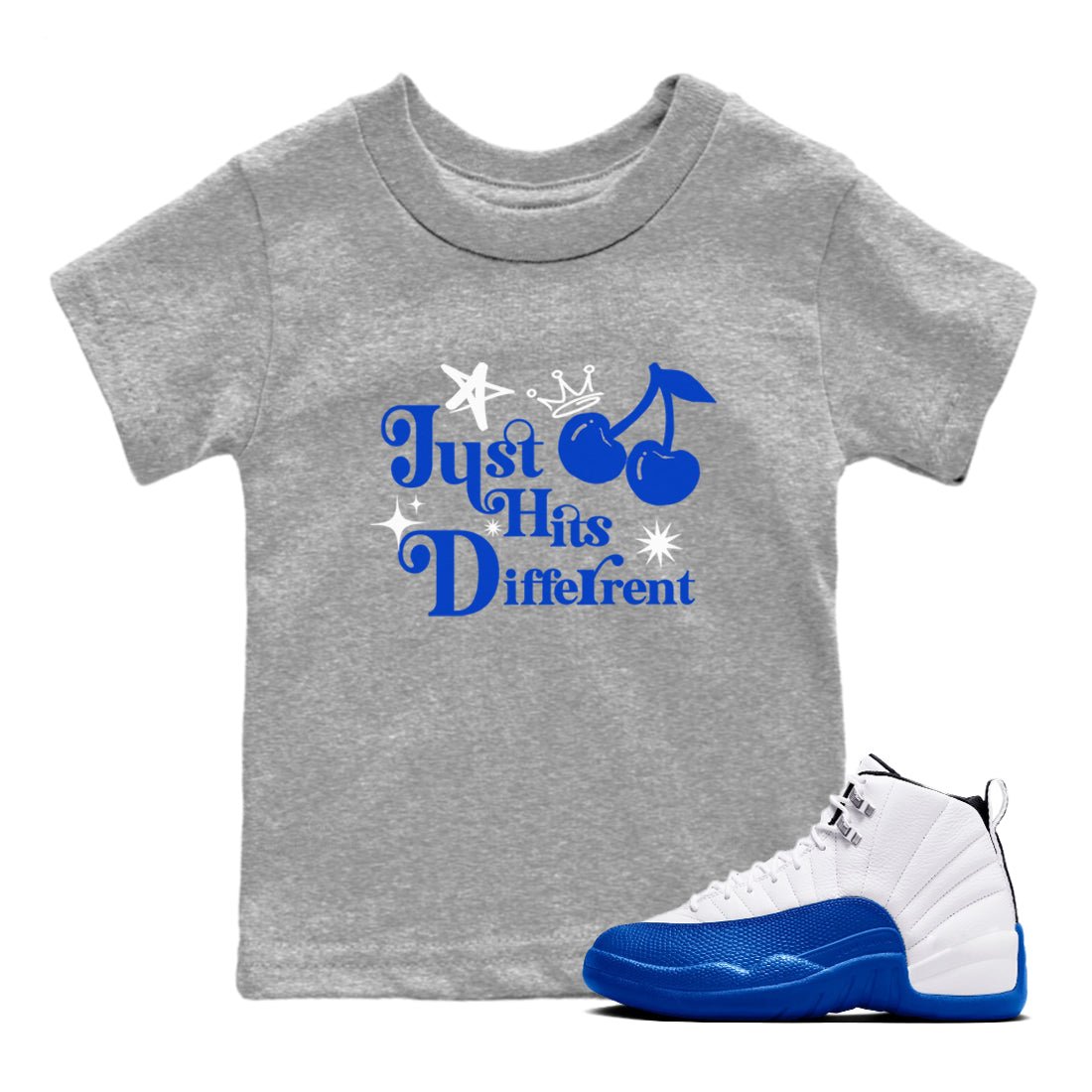 12s Blueberry shirts to match jordans Just Hits Different best t shirts to wear with jordans AJ12 White and Game Royal match shoes to clothes SNRT Sneaker Tees Youth Baby Heather Grey 1 tee