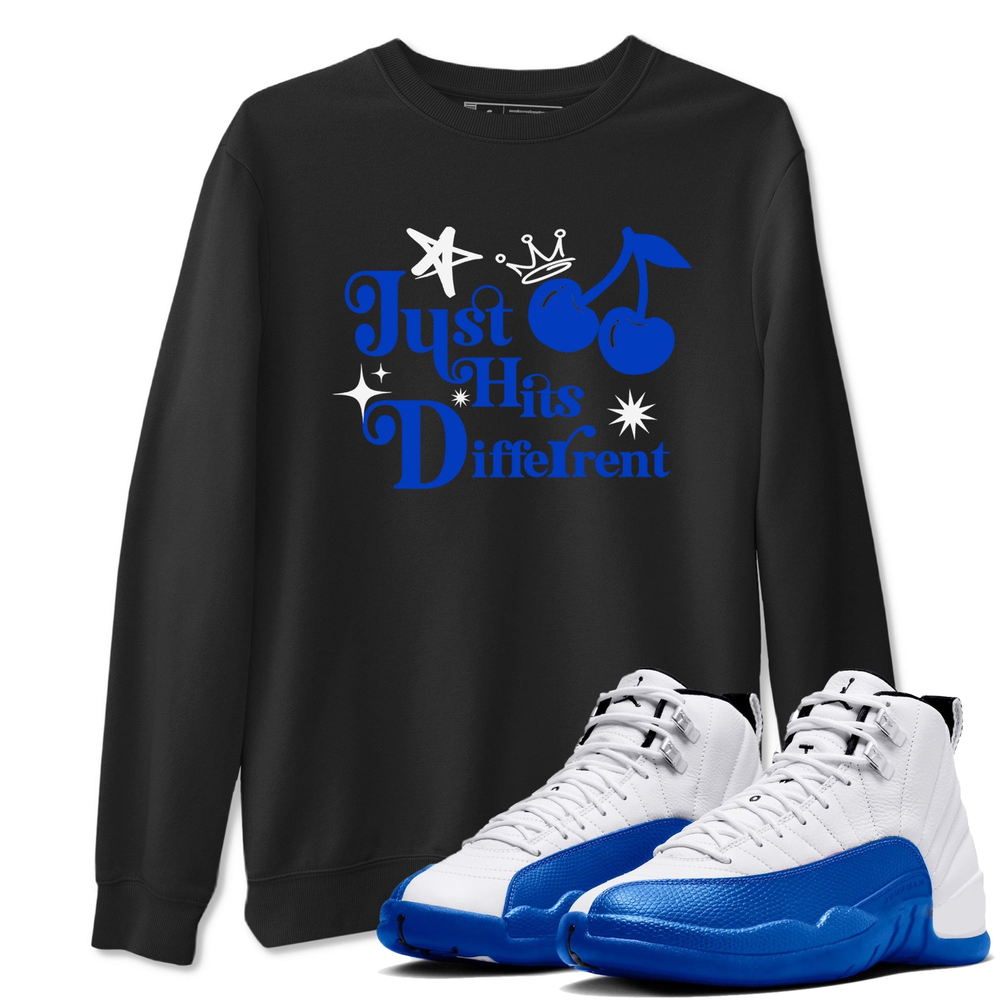 12s Blueberry shirts to match jordans Just Hits Different best t shirts to wear with jordans AJ12 White and Game Royal match shoes to clothes SNRT Sneaker Tees unisex cotton Black 1 shirts