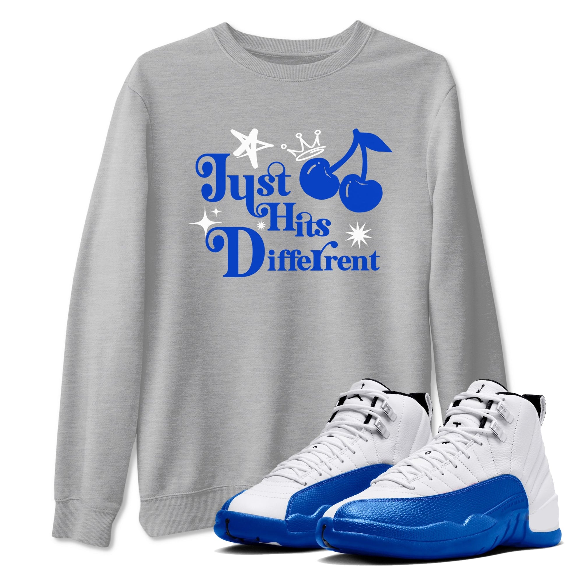 12s Blueberry shirts to match jordans Just Hits Different best t shirts to wear with jordans AJ12 White and Game Royal match shoes to clothes SNRT Sneaker Tees unisex cotton Heather Grey 1 shirts