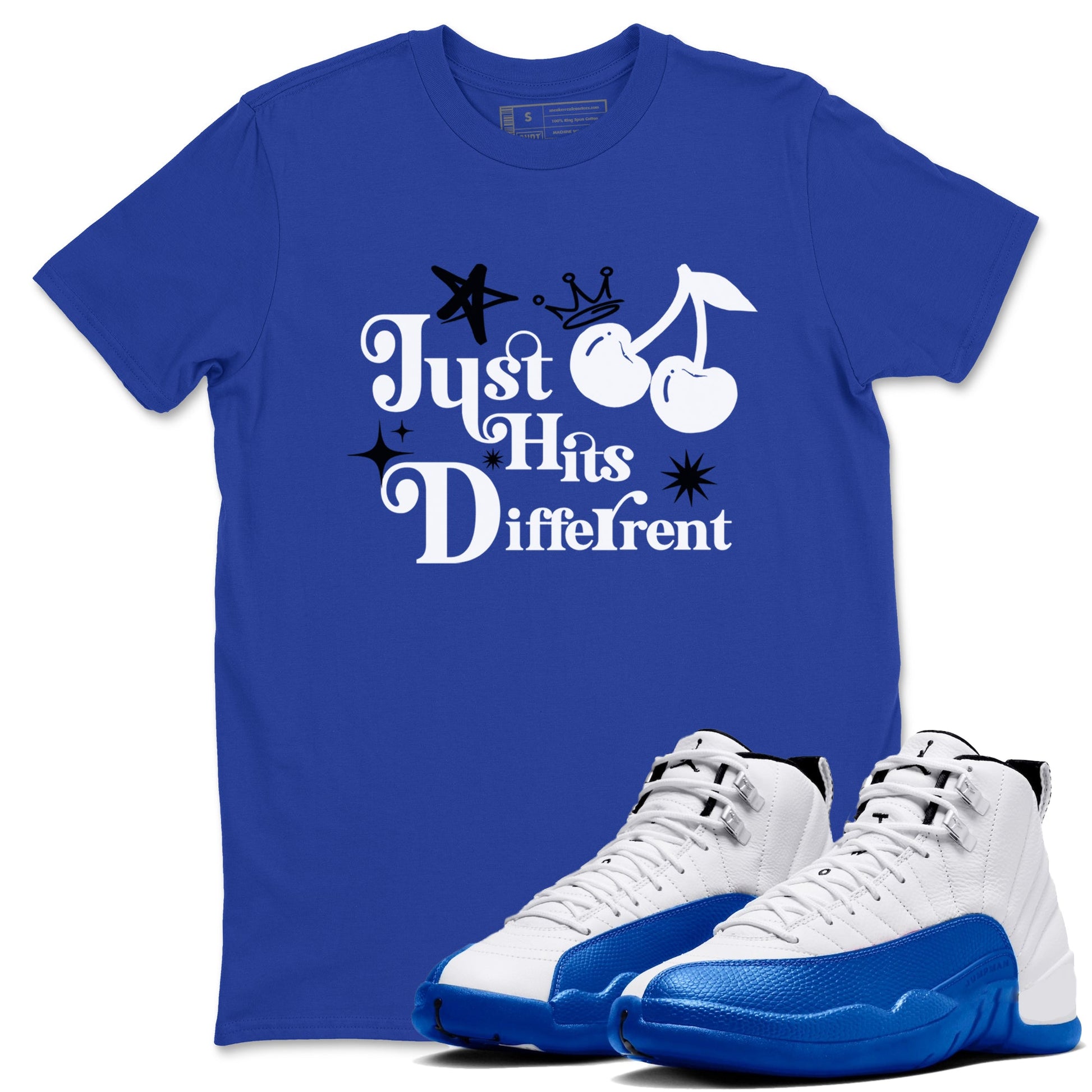 12s Blueberry shirts to match jordans Just Hits Different best t shirts to wear with jordans AJ12 White and Game Royal match shoes to clothes SNRT Sneaker Tees unisex cotton Royal Blue 1 shirts