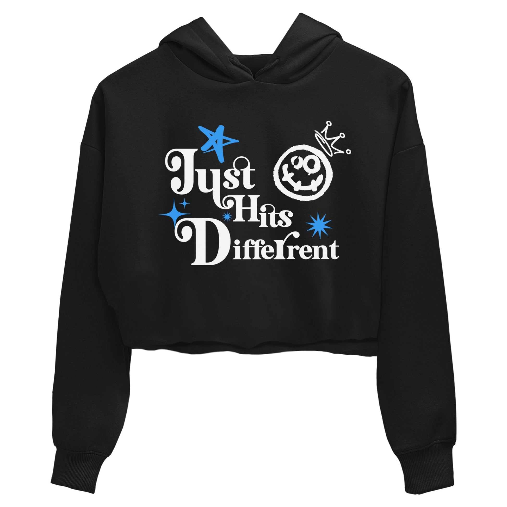 Just Hits Different womens crop tee made to vibe with the Air Jordan 12 White and University Blue sneakers — the perfect match in Black 2.