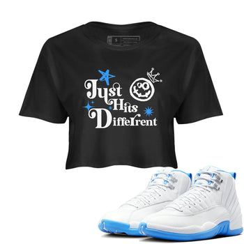 Just Hits Different womens crop tee made to vibe with the Air Jordan 12 White and University Blue sneakers — the perfect match in Black 1.