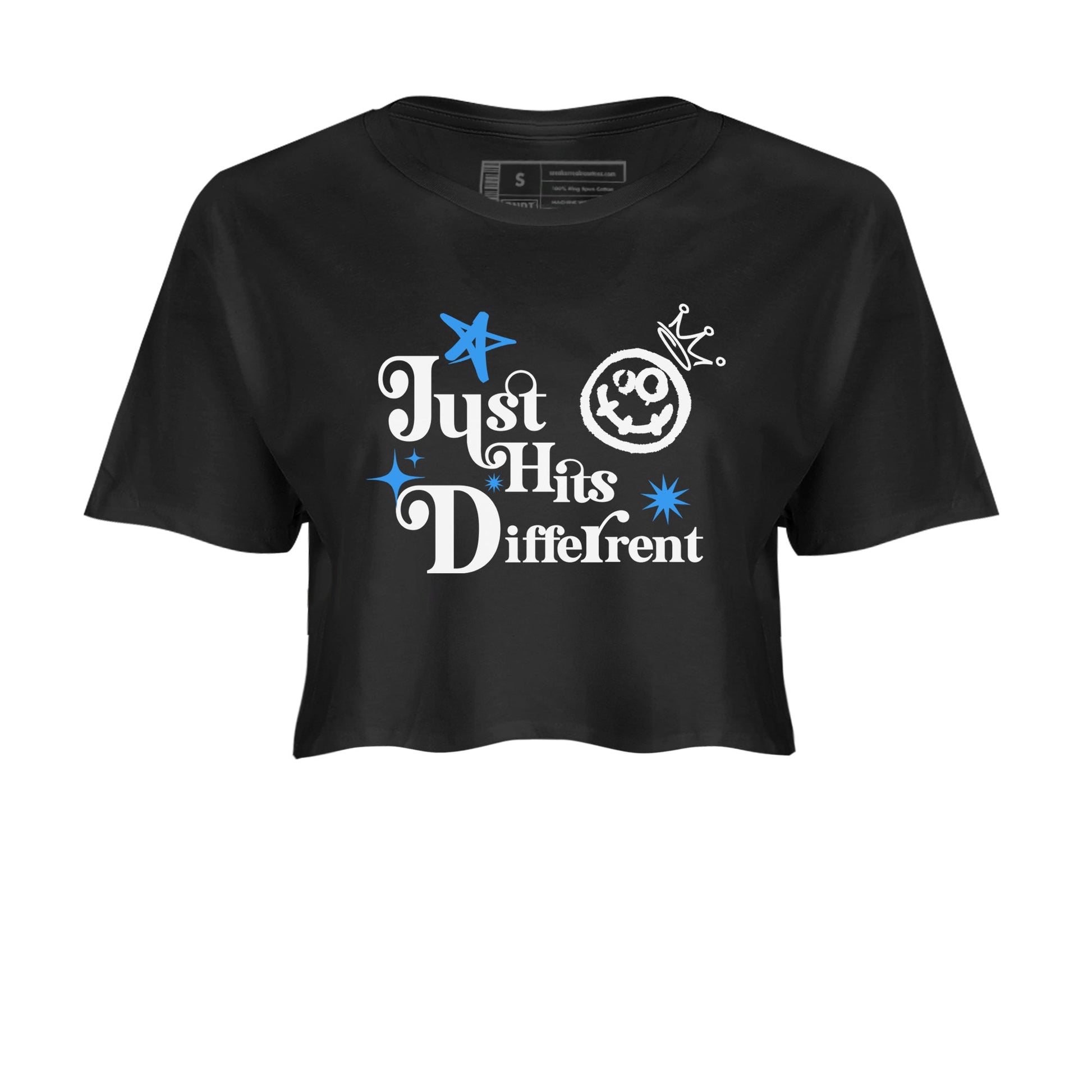 Just Hits Different womens crop tee made to vibe with the Air Jordan 12 White and University Blue sneakers — the perfect match in Black 2.