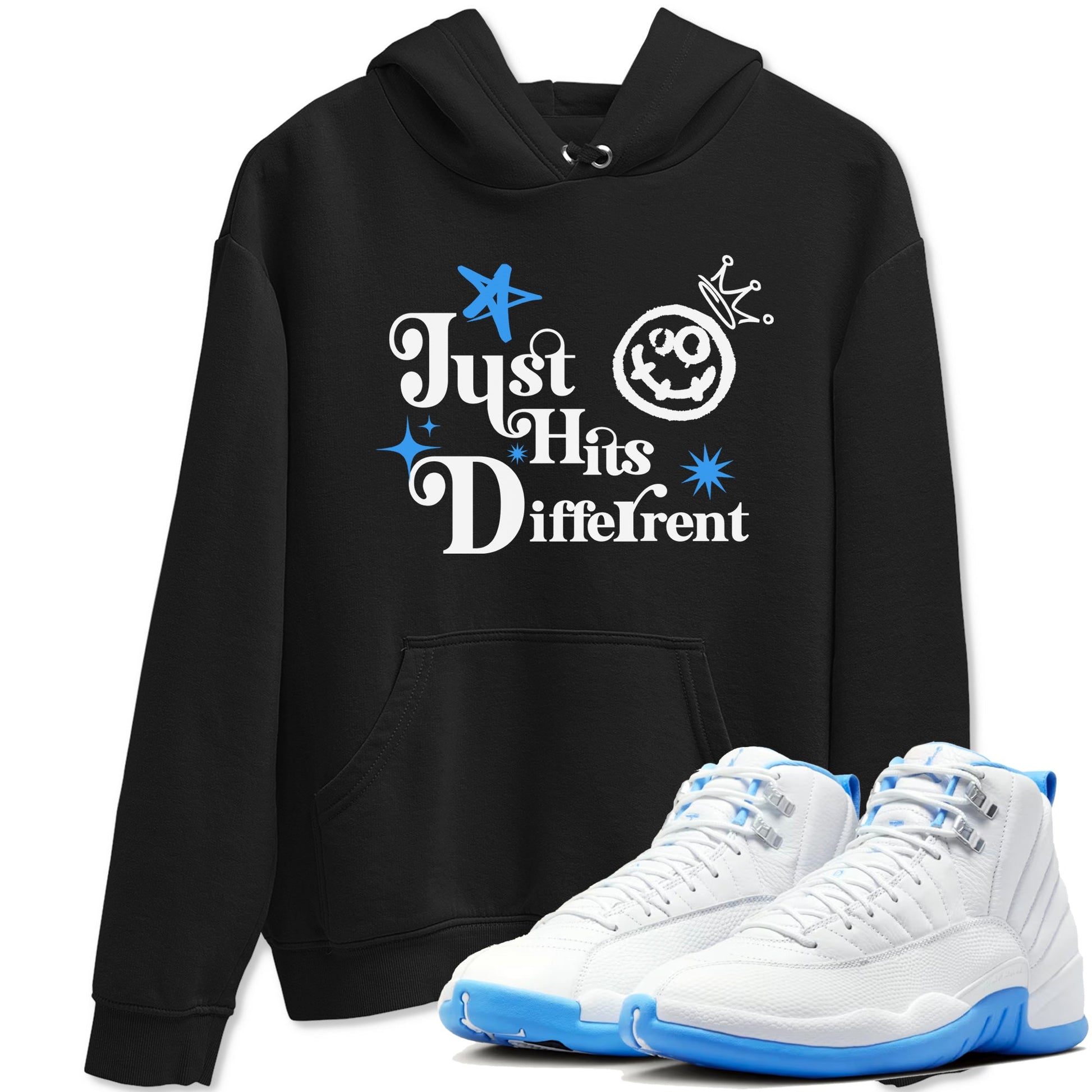 Just Hits Different sneaker match t-shirt styled to complete your fit with the Air Jordan 12 White and University Blue sneakers, shown in Black 1.