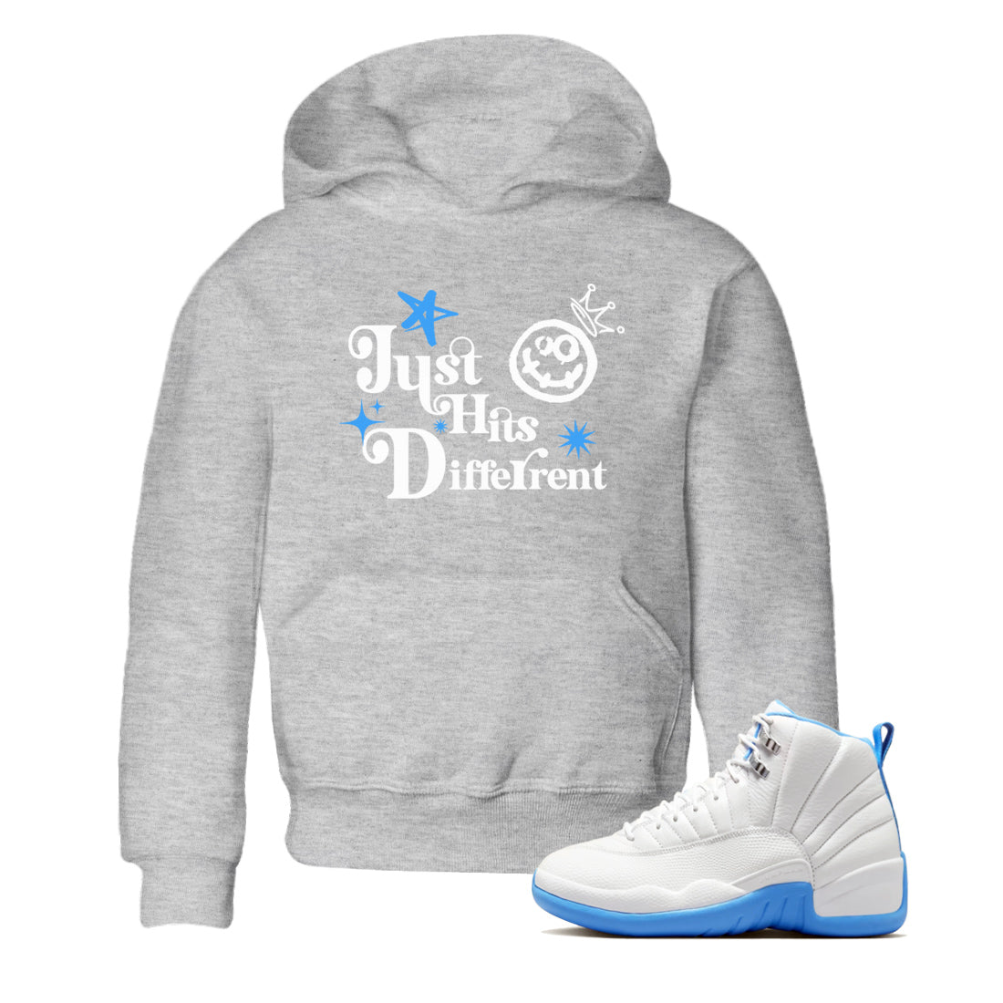 Just Hits Different baby and kids t-shirt crafted for little sneakerheads to shine with the Air Jordan 12 White and University Blue sneakers, displayed in Heather Grey 1.