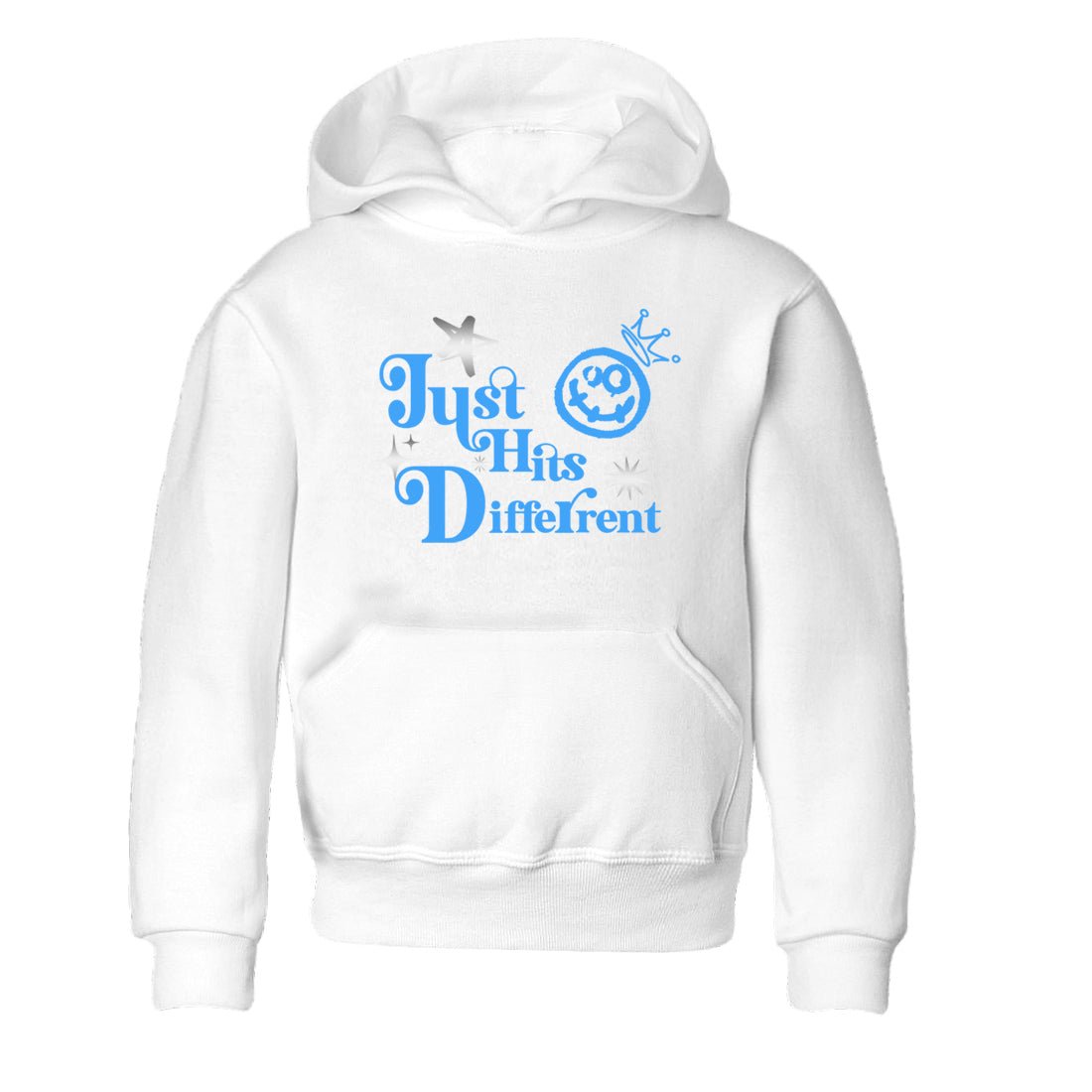 Just Hits Different baby and kids t-shirt crafted for little sneakerheads to shine with the Air Jordan 12 White and University Blue sneakers, displayed in White 2.