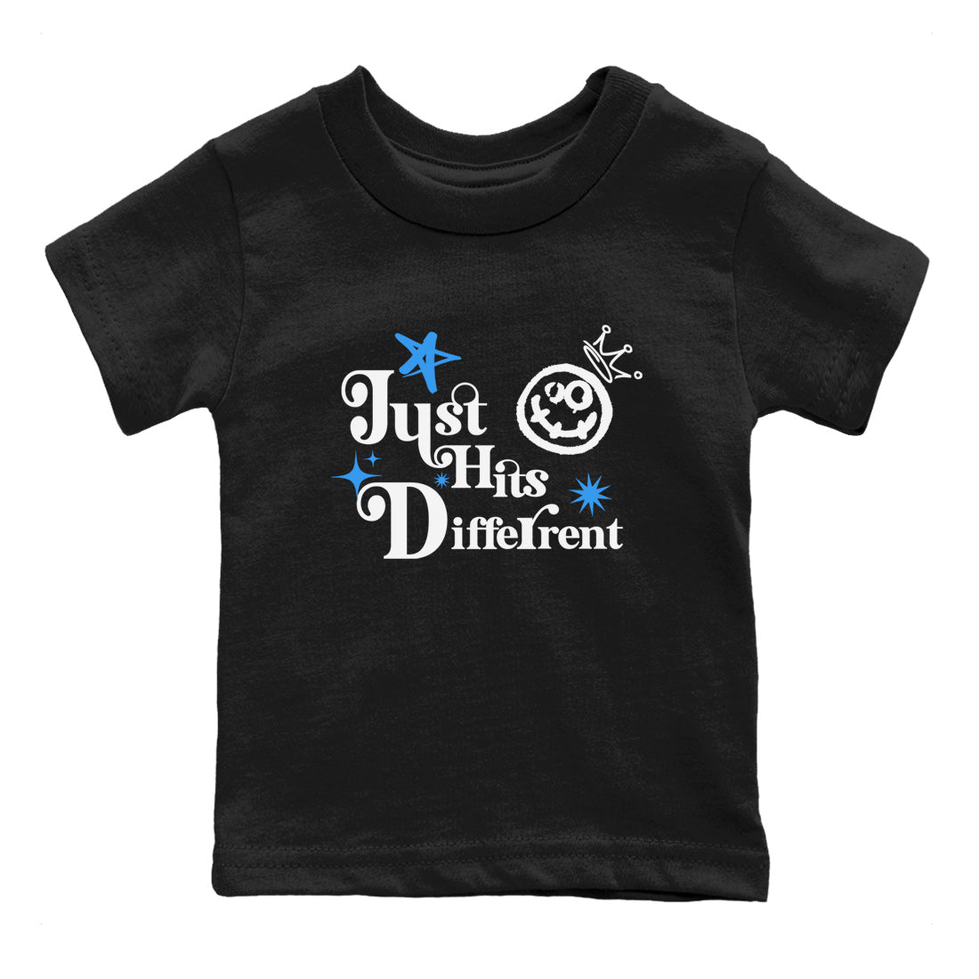 Just Hits Different baby and kids t-shirt crafted for little sneakerheads to shine with the Air Jordan 12 White and University Blue sneakers, displayed in Black 2.