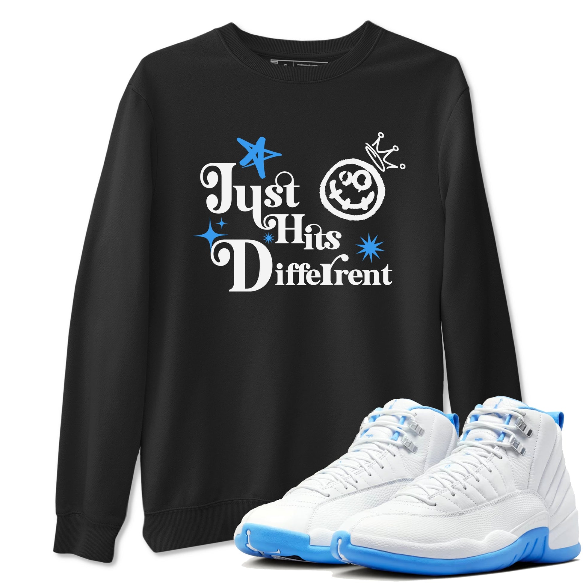 Just Hits Different sneaker match t-shirt styled to complete your fit with the Air Jordan 12 White and University Blue sneakers, shown in Black 1.
