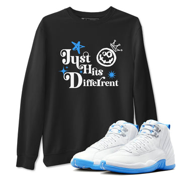 Just Hits Different sneaker match t-shirt styled to complete your fit with the Air Jordan 12 White and University Blue sneakers, shown in Black 1.