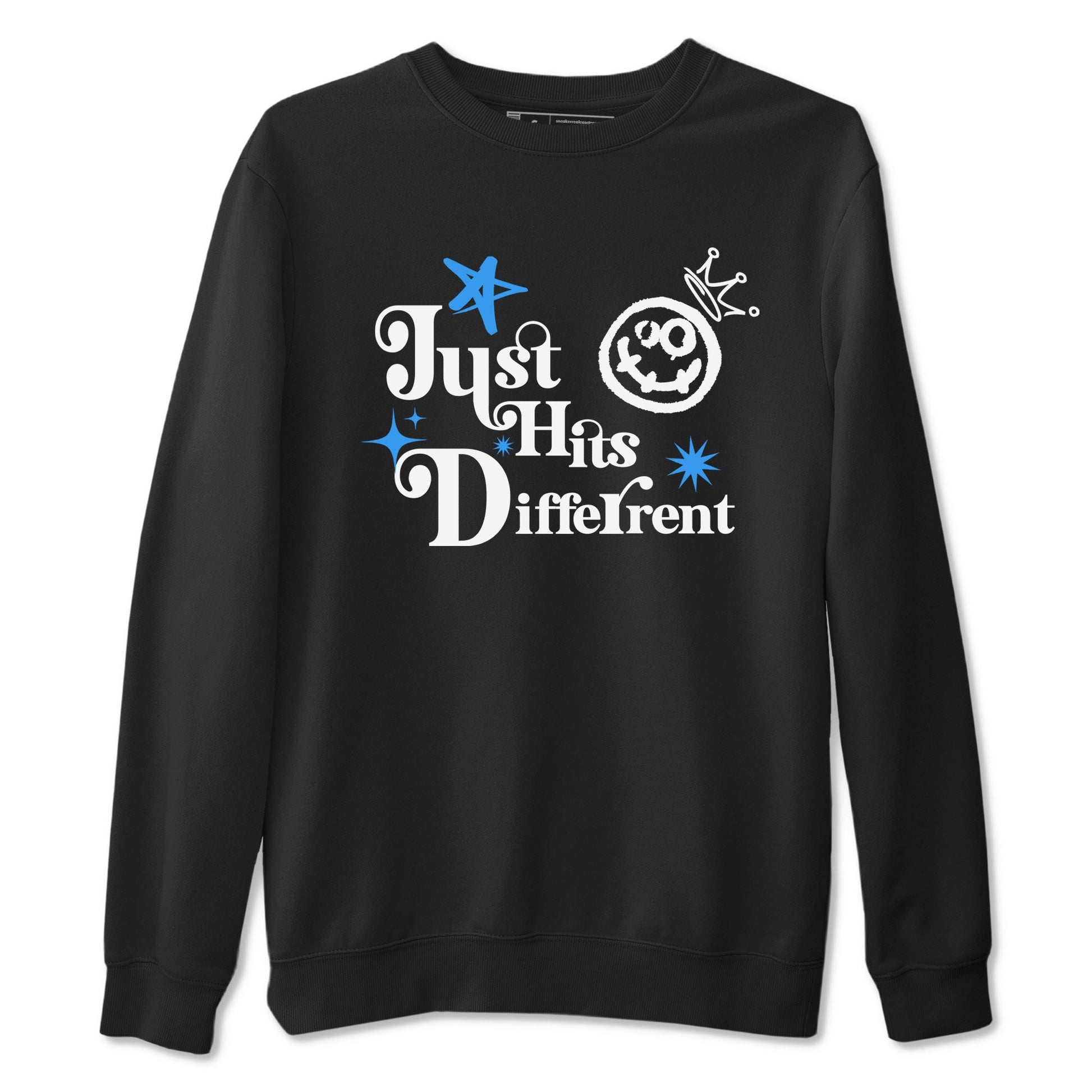 Just Hits Different sneaker match t-shirt styled to complete your fit with the Air Jordan 12 White and University Blue sneakers, shown in Black 2.