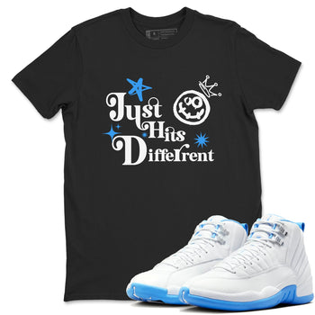 Just Hits Different sneaker match t-shirt styled to complete your fit with the Air Jordan 12 White and University Blue sneakers, shown in Black 1.