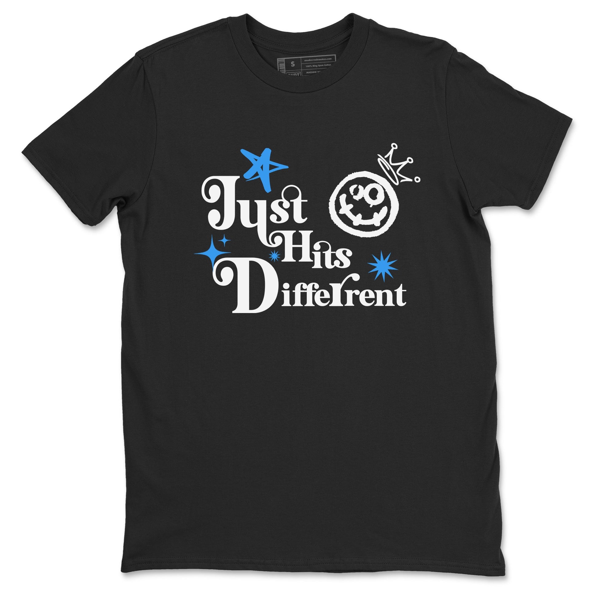 Just Hits Different sneaker match t-shirt styled to complete your fit with the Air Jordan 12 White and University Blue sneakers, shown in Black 2.