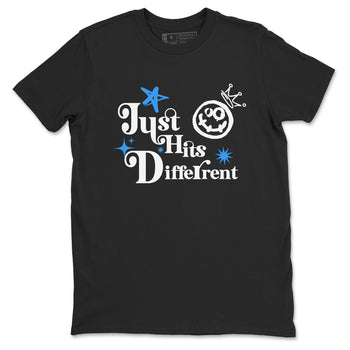 Just Hits Different sneaker match t-shirt styled to complete your fit with the Air Jordan 12 White and University Blue sneakers, shown in Black 2.