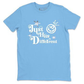 Just Hits Different sneaker match t-shirt styled to complete your fit with the Air Jordan 12 White and University Blue sneakers, shown in Carolina Blue 2.