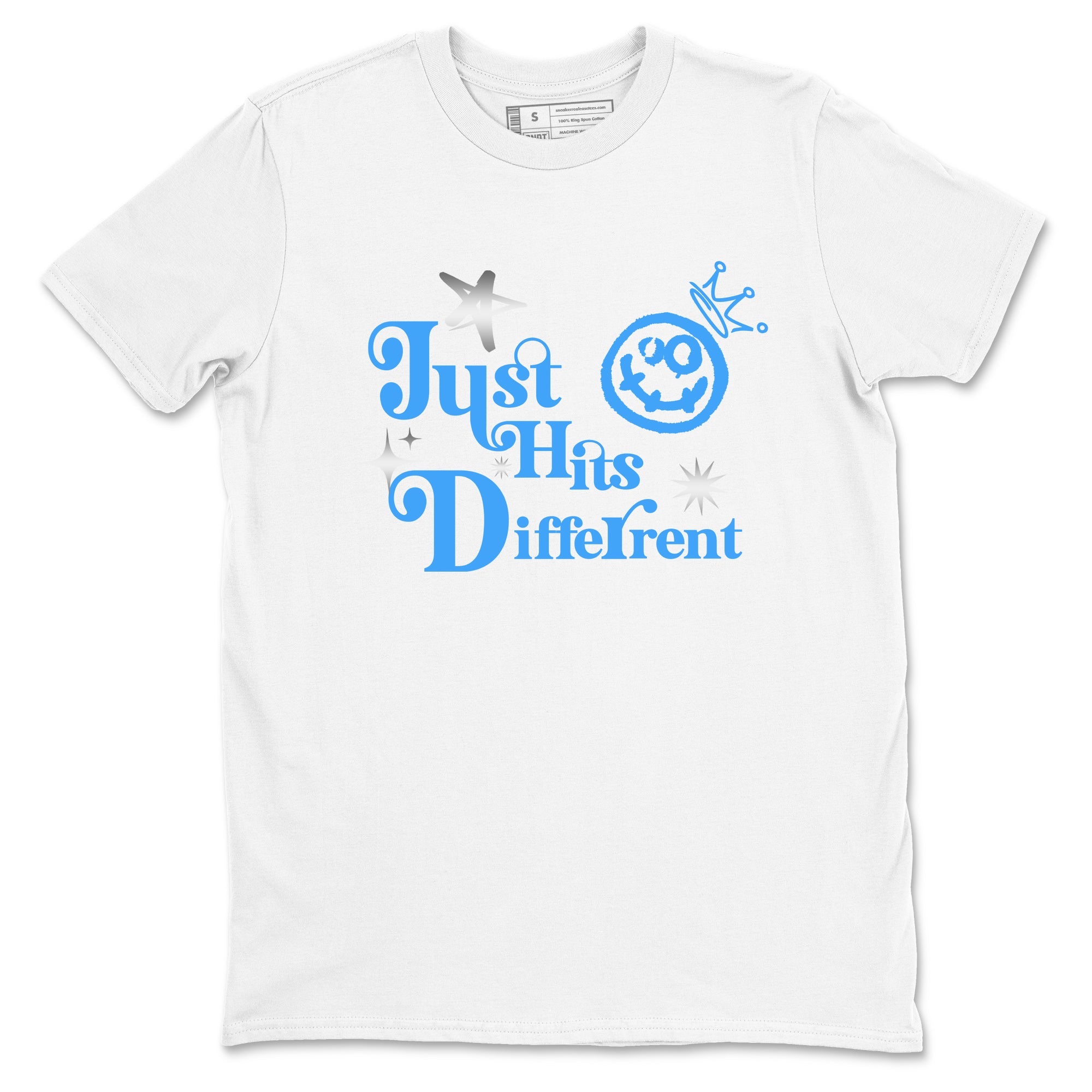 Just Hits Different sneaker match t-shirt styled to complete your fit with the Air Jordan 12 White and University Blue sneakers, shown in White 2.