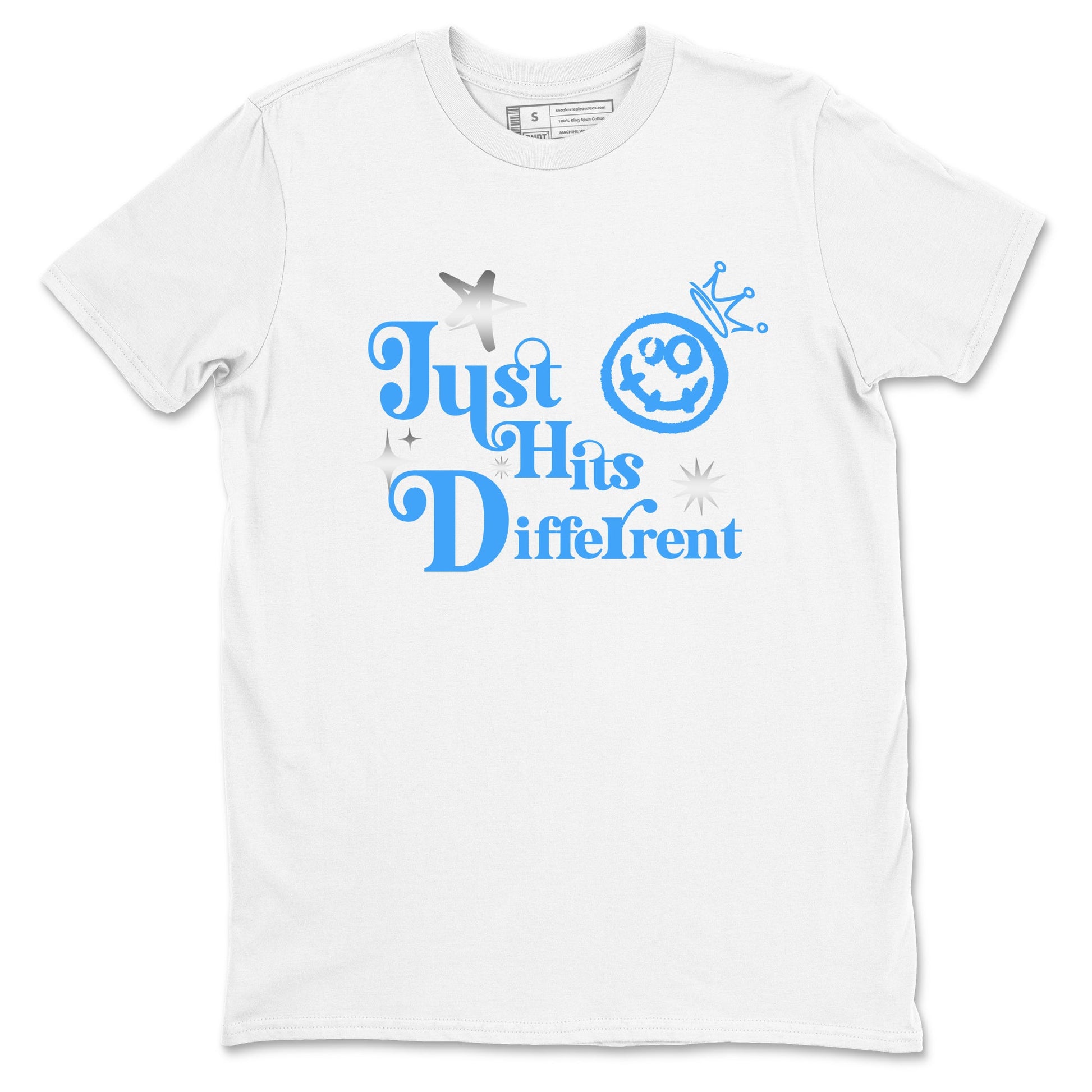 Just Hits Different sneaker match t-shirt styled to complete your fit with the Air Jordan 12 White and University Blue sneakers, shown in White 2.