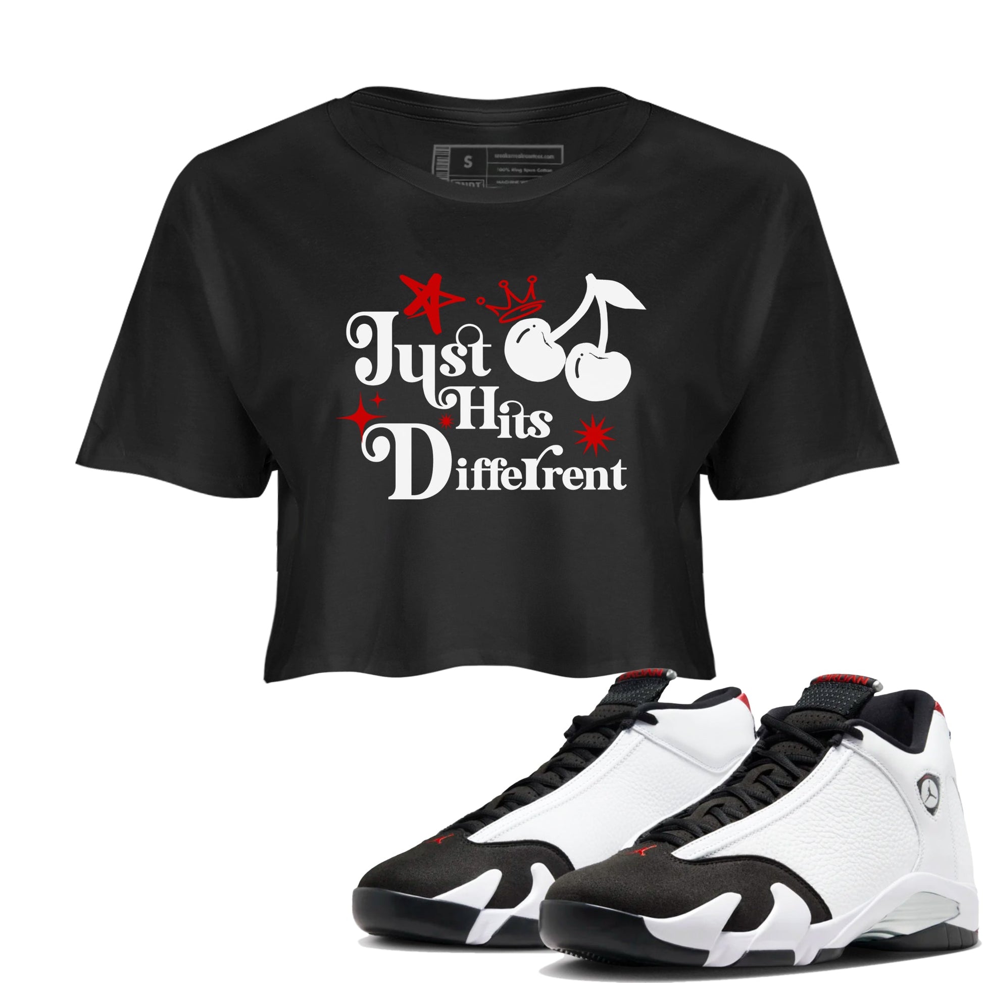 Air Jordan 14 Black Toe t shirts to match sneakers Just Hits Different sneaker match tees 14s Black Toe sneaker match tee SNRT Sneaker Tees unisex cotton Black 1 crop tee