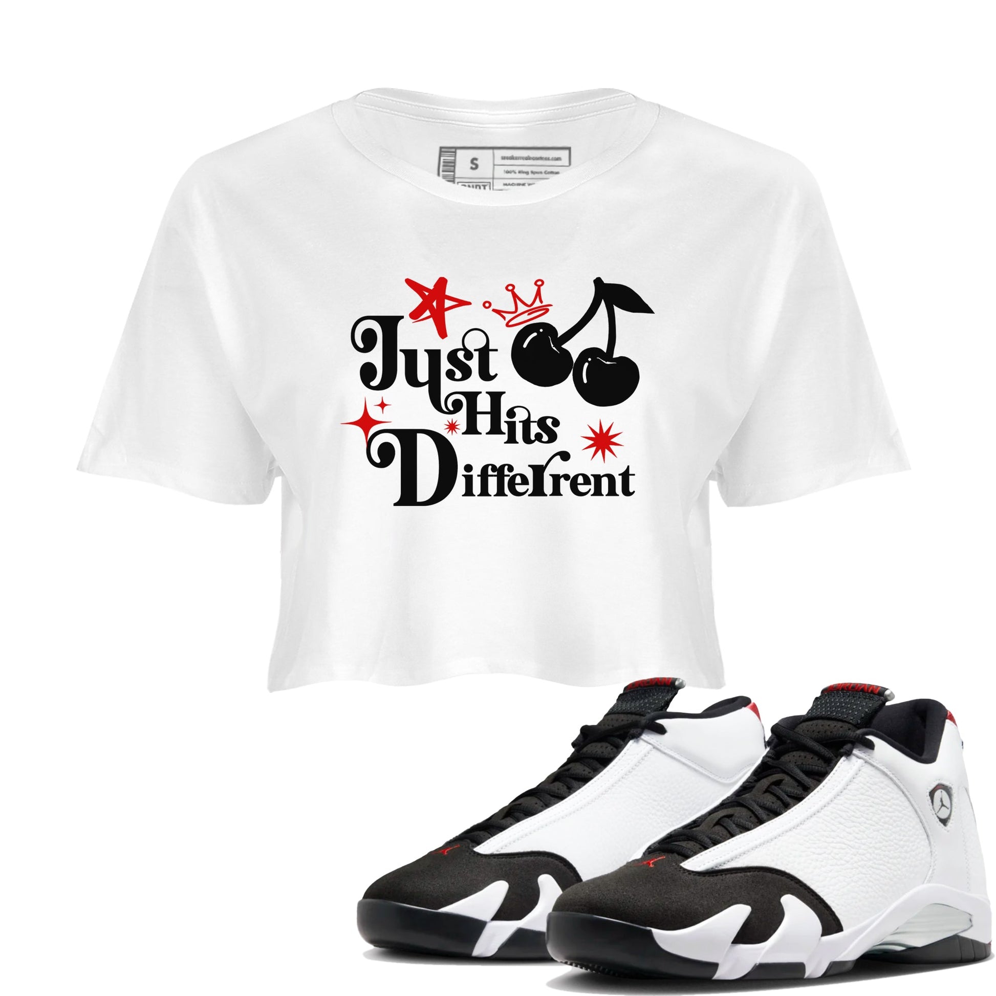 Air Jordan 14 Black Toe t shirts to match sneakers Just Hits Different sneaker match tees 14s Black Toe sneaker match tee SNRT Sneaker Tees unisex cotton White 1 crop tee