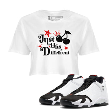 Air Jordan 14 Black Toe t shirts to match sneakers Just Hits Different sneaker match tees 14s Black Toe sneaker match tee SNRT Sneaker Tees unisex cotton White 1 crop tee
