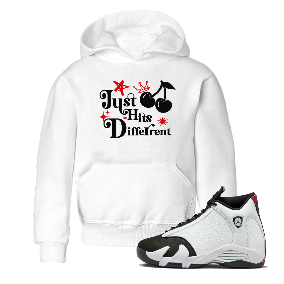 Air Jordan 14 Black Toe t shirts to match sneakers Just Hits Different sneaker match tees 14s Black Toe sneaker match tee SNRT Sneaker Tees Youth Baby White 1 tee