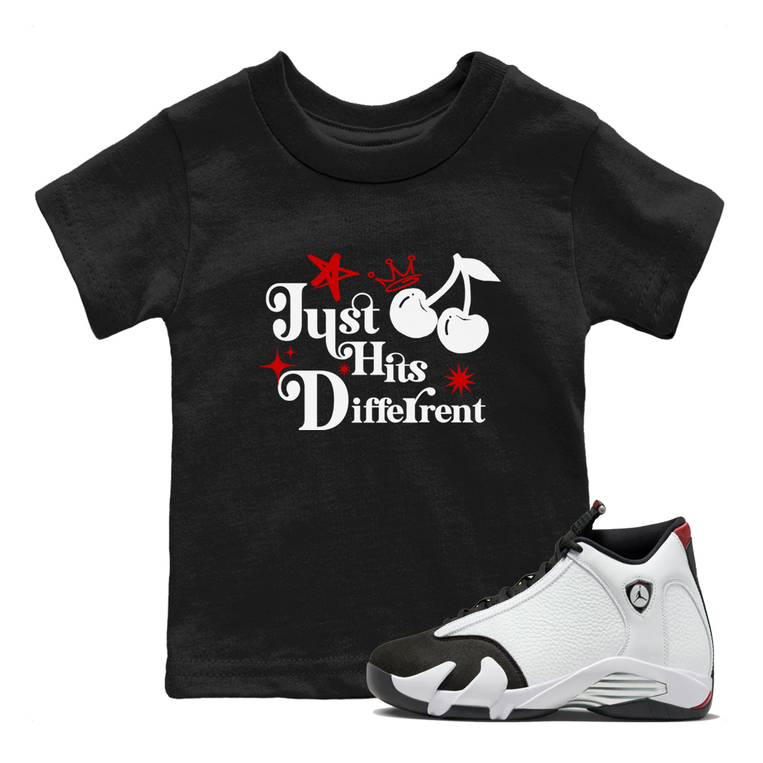 Air Jordan 14 Black Toe t shirts to match sneakers Just Hits Different sneaker match tees 14s Black Toe sneaker match tee SNRT Sneaker Tees Youth Baby Black 1 tee