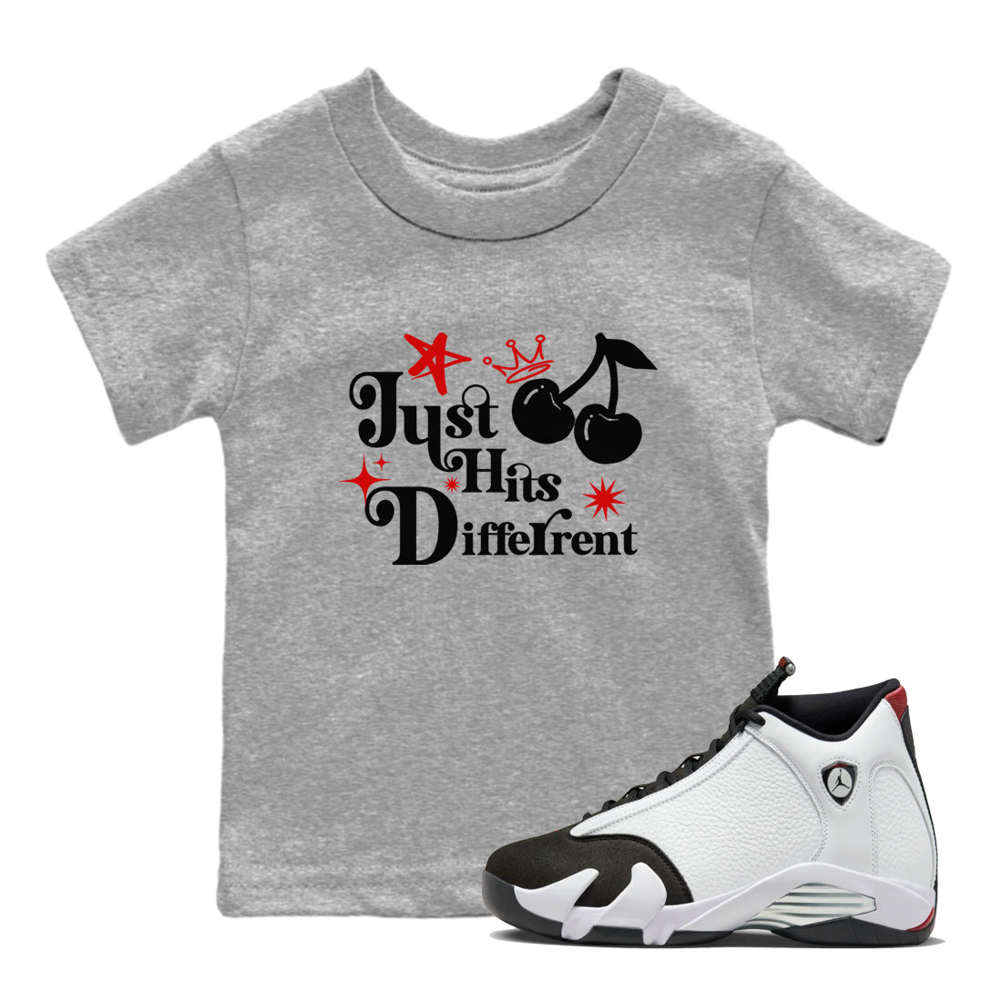 Air Jordan 14 Black Toe t shirts to match sneakers Just Hits Different sneaker match tees 14s Black Toe sneaker match tee SNRT Sneaker Tees Youth Baby Heather Grey 1 tee