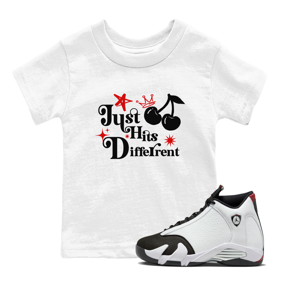 Air Jordan 14 Black Toe t shirts to match sneakers Just Hits Different sneaker match tees 14s Black Toe sneaker match tee SNRT Sneaker Tees Youth Baby White 1 tee
