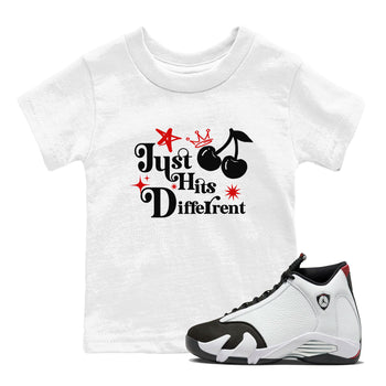 Air Jordan 14 Black Toe t shirts to match sneakers Just Hits Different sneaker match tees 14s Black Toe sneaker match tee SNRT Sneaker Tees Youth Baby White 1 tee