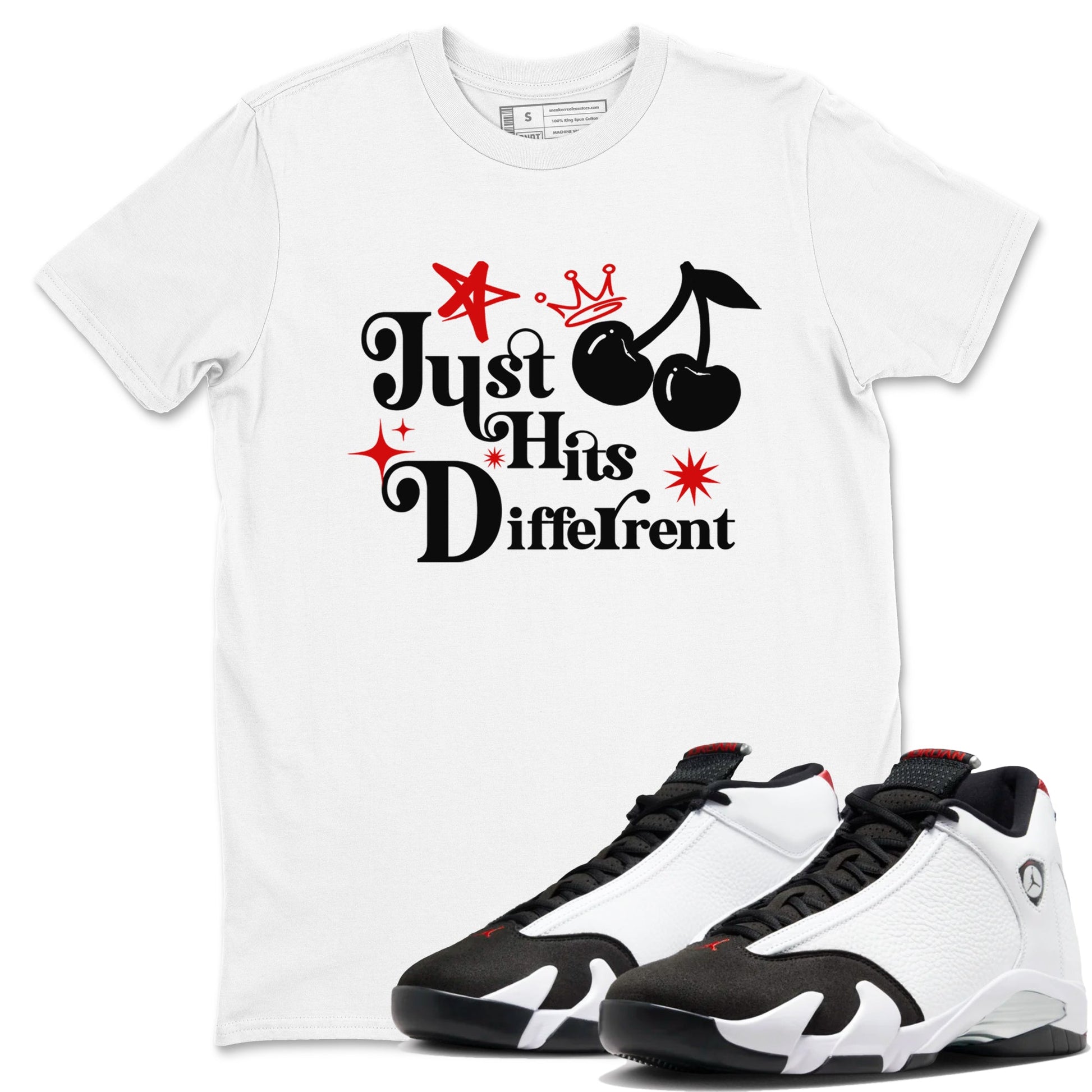 Air Jordan 14 Black Toe t shirts to match sneakers Just Hits Different sneaker match tees 14s Black Toe sneaker match tee SNRT Sneaker Tees unisex cotton White 1 shirts