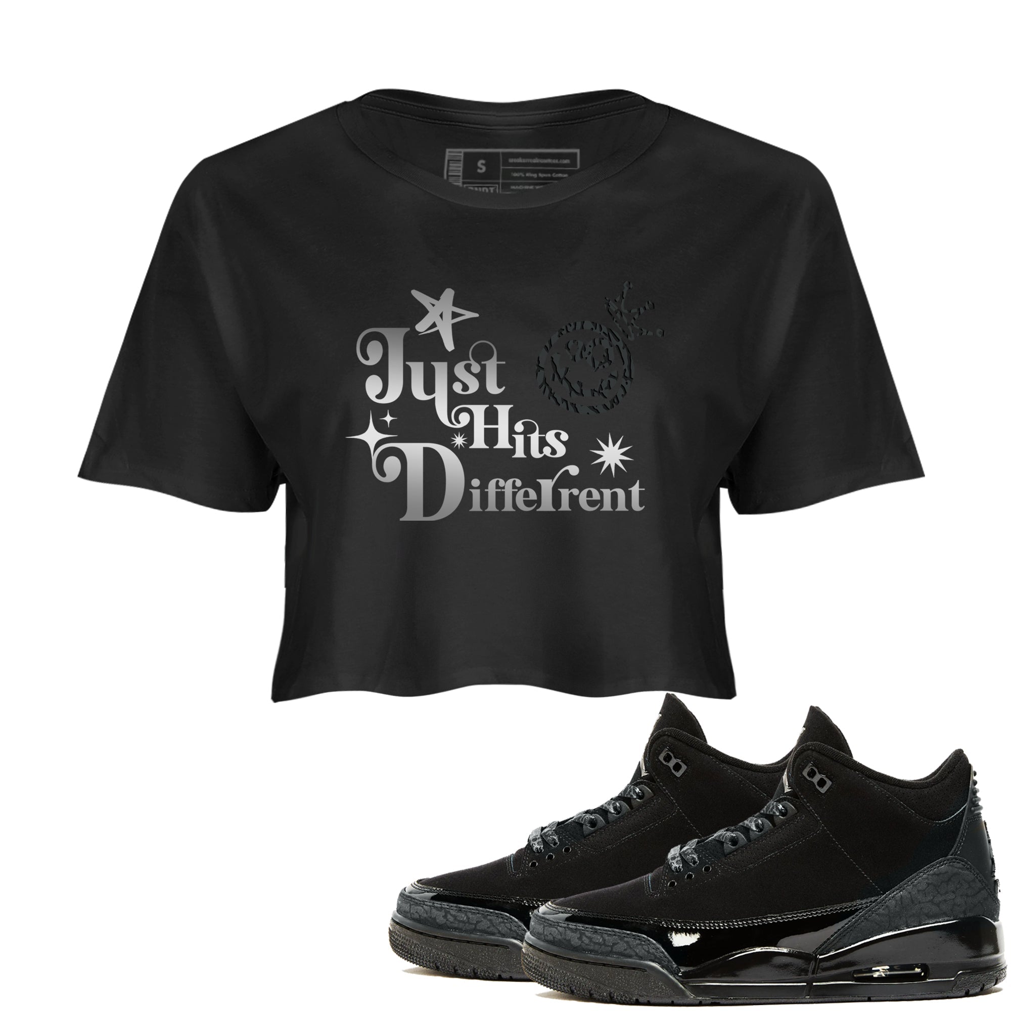 3s Black Cat shirts to match jordans Just Hits Different sneaker match tees Air Jordan 3 Retro Black Cat match shoes to clothes SNRT Sneaker Tees unisex cotton Black 1 crop tee