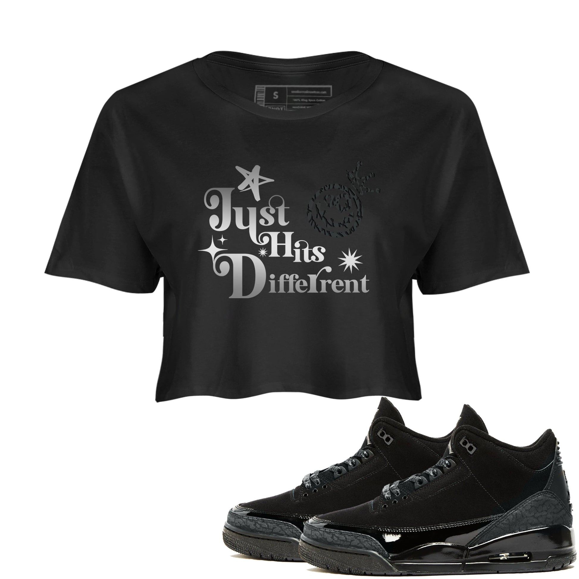 3s Black Cat shirts to match jordans Just Hits Different sneaker match tees Air Jordan 3 Retro Black Cat match shoes to clothes SNRT Sneaker Tees unisex cotton Black 1 crop tee