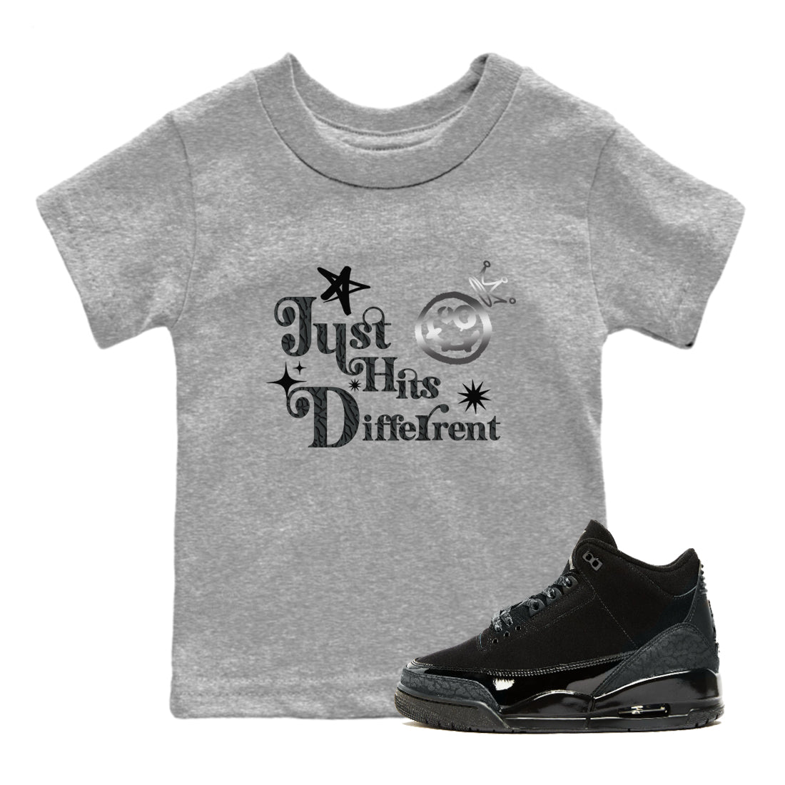 3s Black Cat shirts to match jordans Just Hits Different sneaker match tees Air Jordan 3 Retro Black Cat match shoes to clothes SNRT Sneaker Tees Youth Baby Heather Grey 1 tee