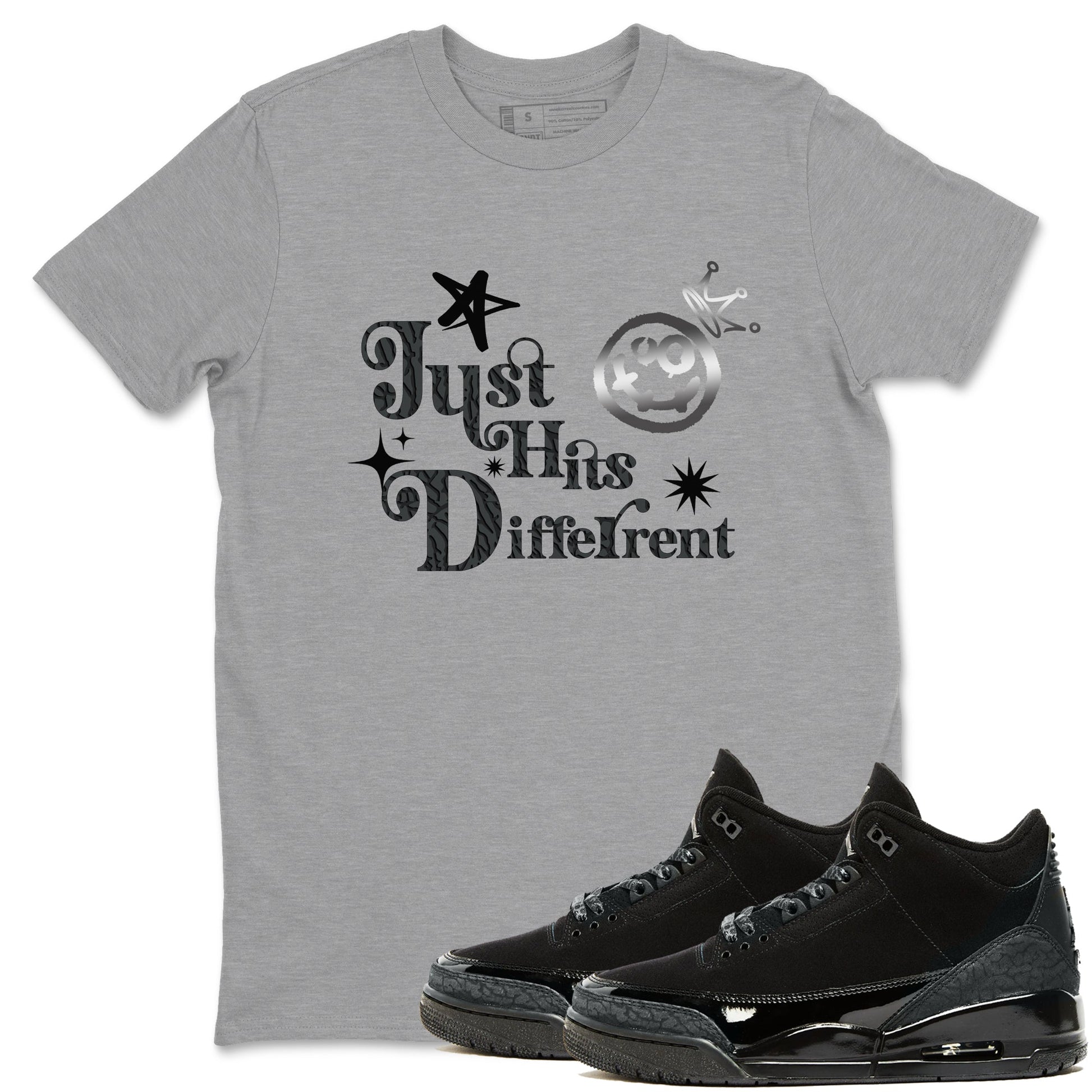 3s Black Cat shirts to match jordans Just Hits Different sneaker match tees Air Jordan 3 Retro Black Cat match shoes to clothes SNRT Sneaker Tees unisex cotton Heather Grey 1 shirts