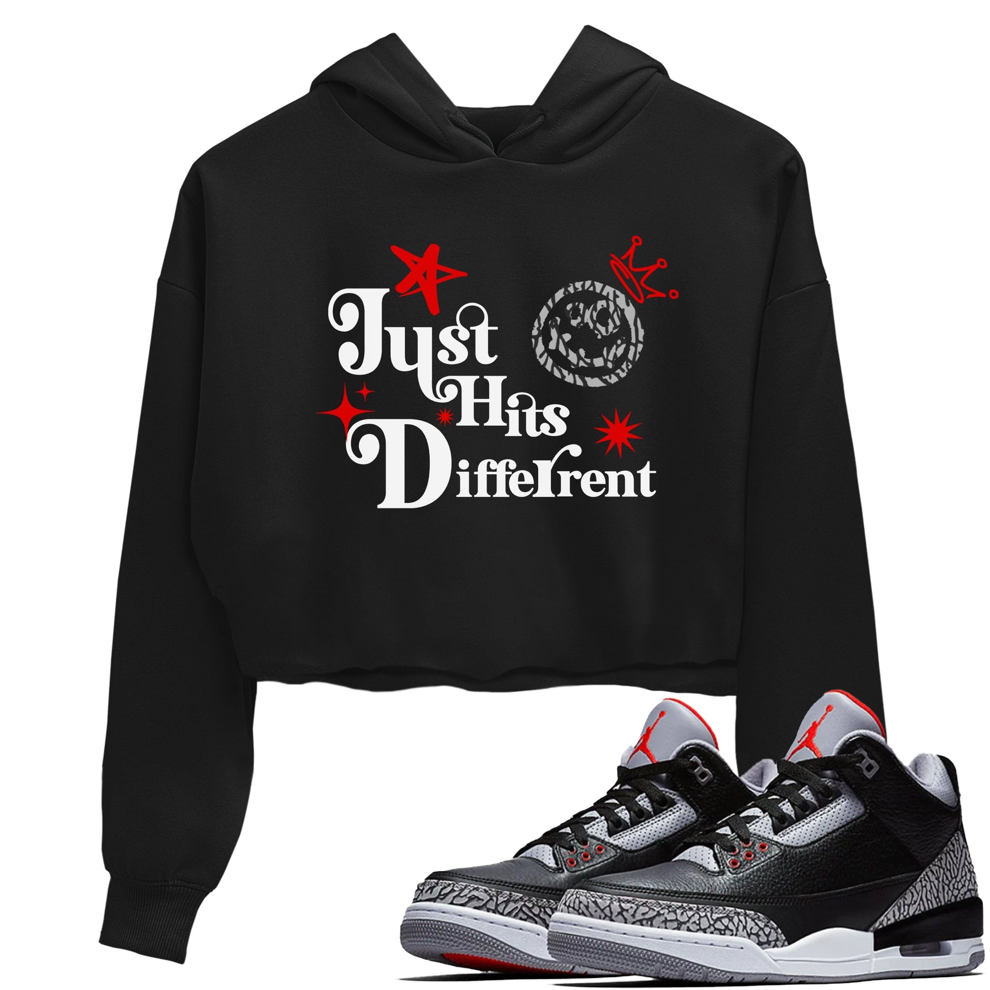 3s Black Cement shirts to match jordans Just Hits Different sneaker match tees Air Jordan 3 Black Cement match shoes to clothes SNRT Sneaker Tees unisex cotton Black 1 crop tee