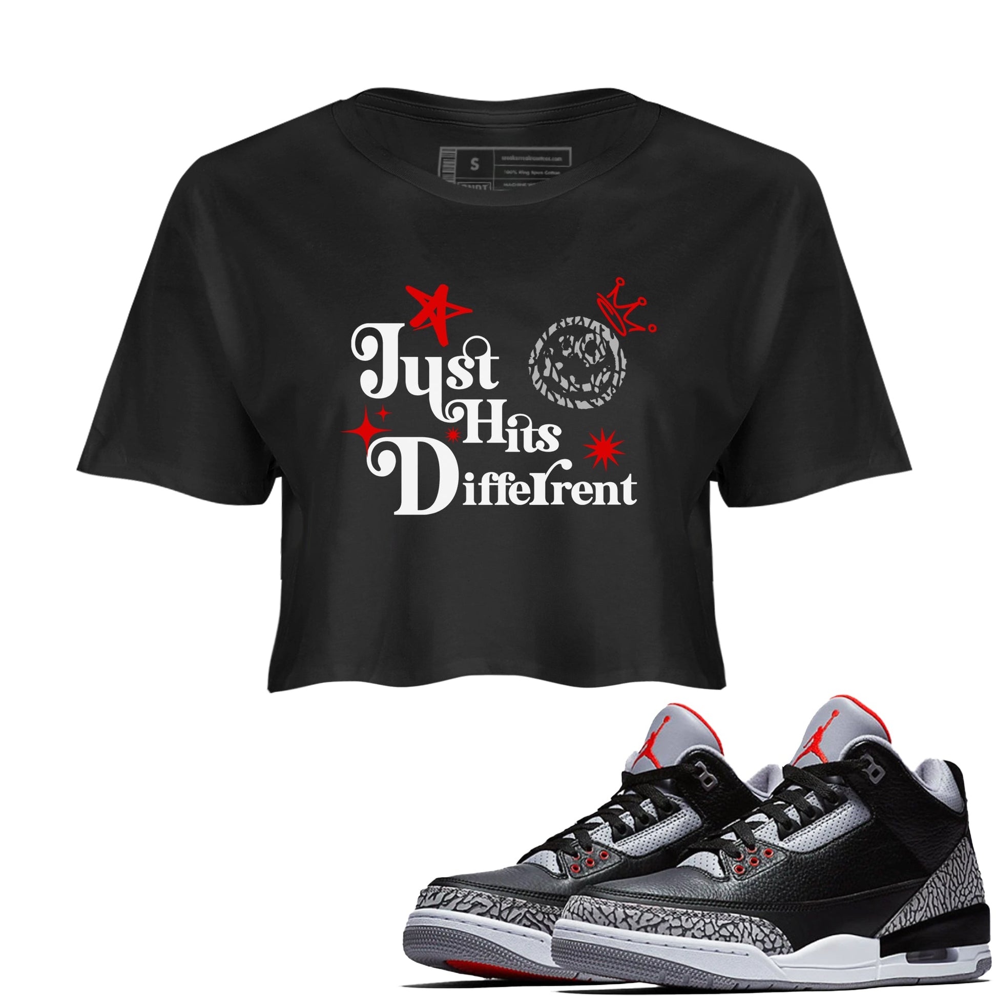 3s Black Cement shirts to match jordans Just Hits Different sneaker match tees Air Jordan 3 Black Cement match shoes to clothes SNRT Sneaker Tees unisex cotton Black 1 crop tee
