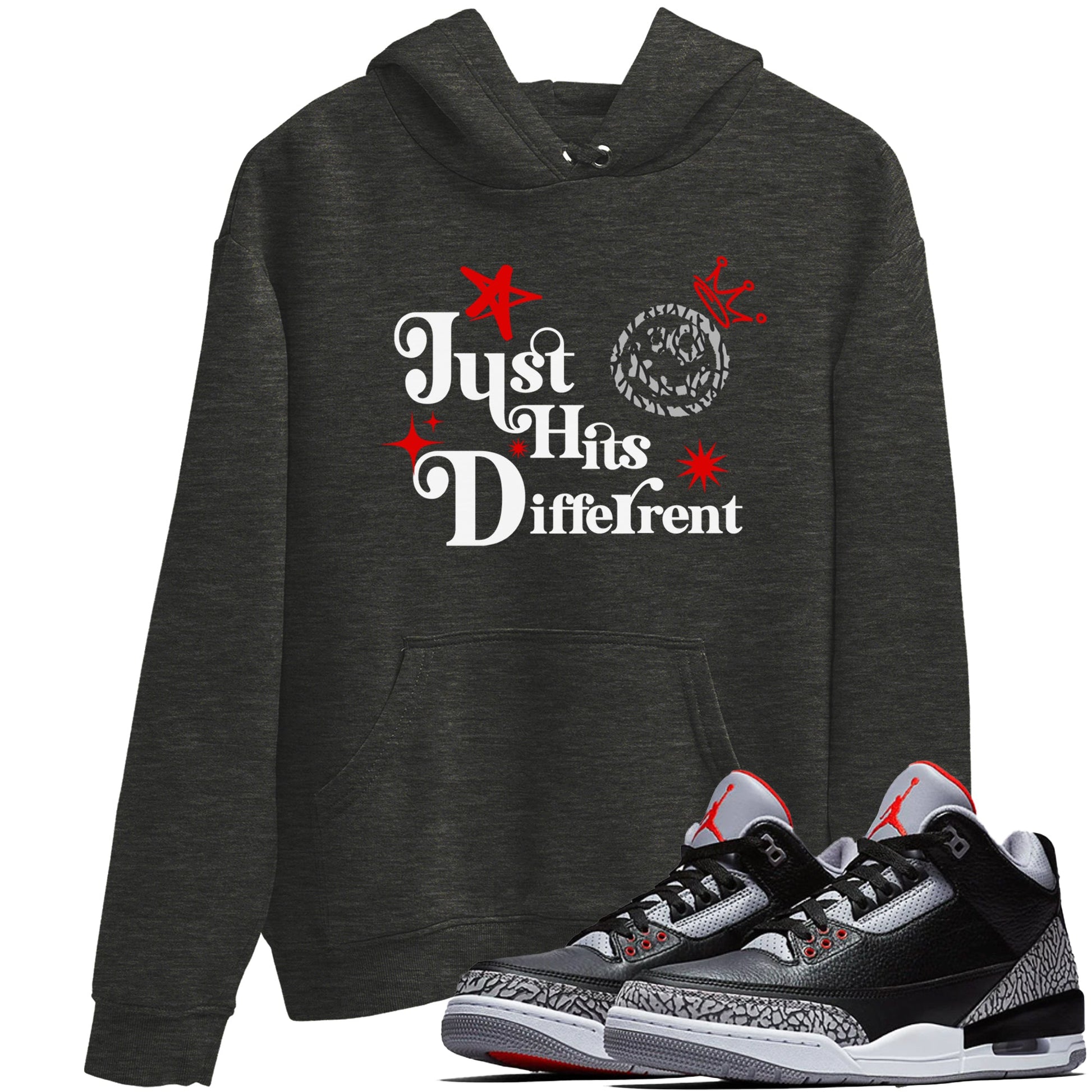 3s Black Cement shirts to match jordans Just Hits Different sneaker match tees Air Jordan 3 Black Cement match shoes to clothes SNRT Sneaker Tees unisex cotton Charcoal Heather 1 shirts