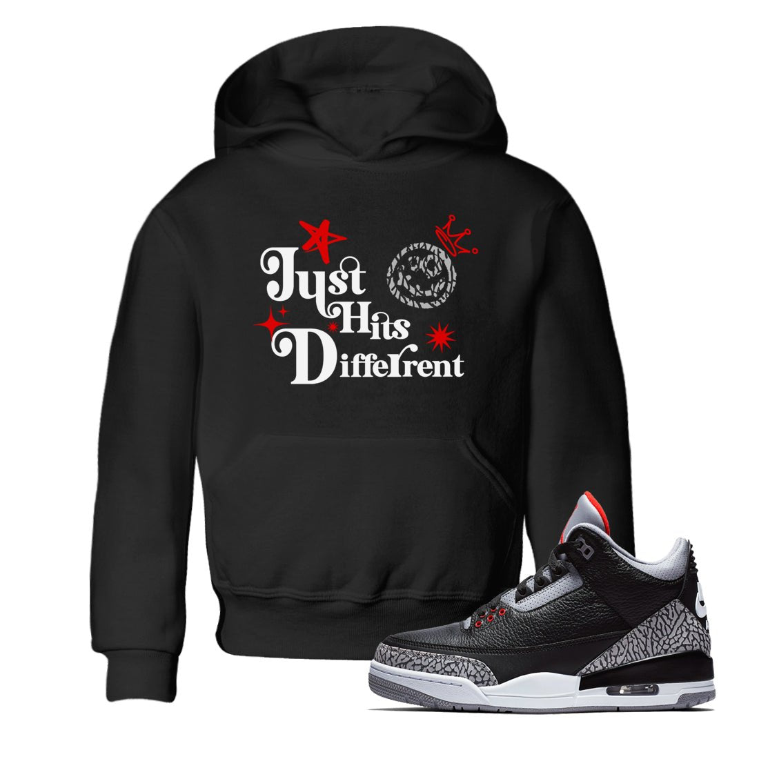 3s Black Cement shirts to match jordans Just Hits Different sneaker match tees Air Jordan 3 Black Cement match shoes to clothes SNRT Sneaker Tees Youth Baby Black 1 tee